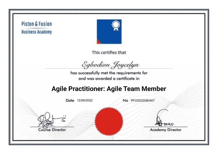 A Sample of the Agile Team Member Certificate