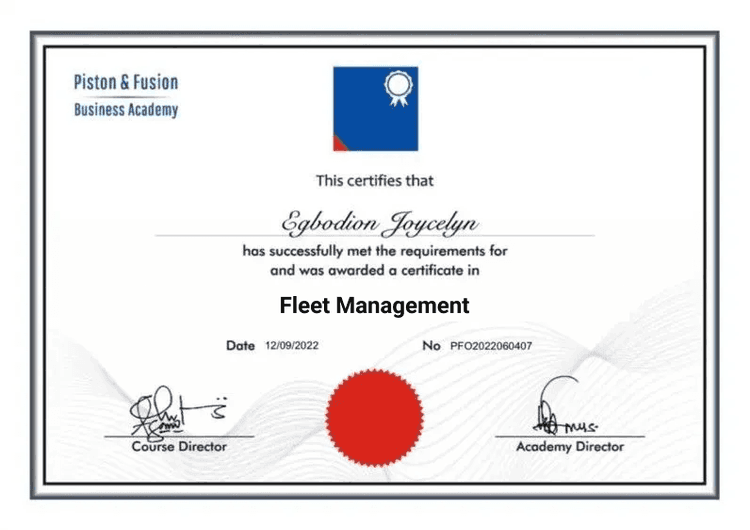 A Sample of the Fleet Management  Certificate