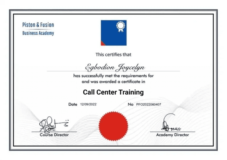 A Sample of the Call Center Training Certificate