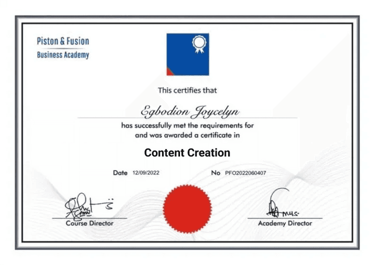 A Sample of the Content Creation Certificate