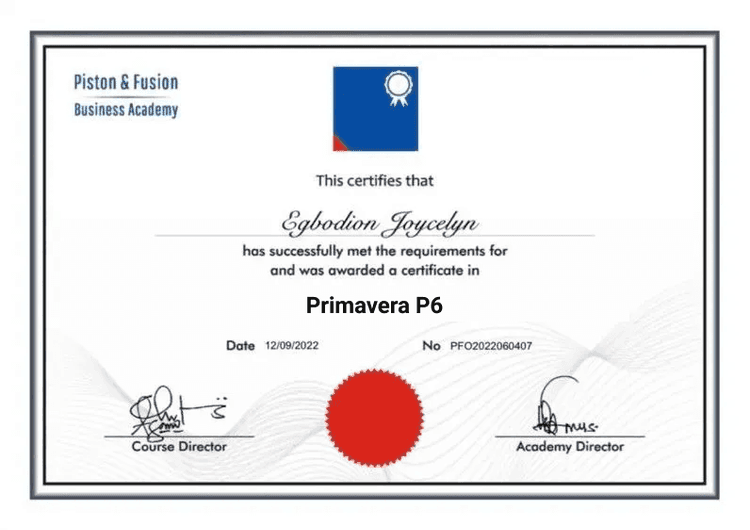 A Sample of the Primavera P6 Certificate