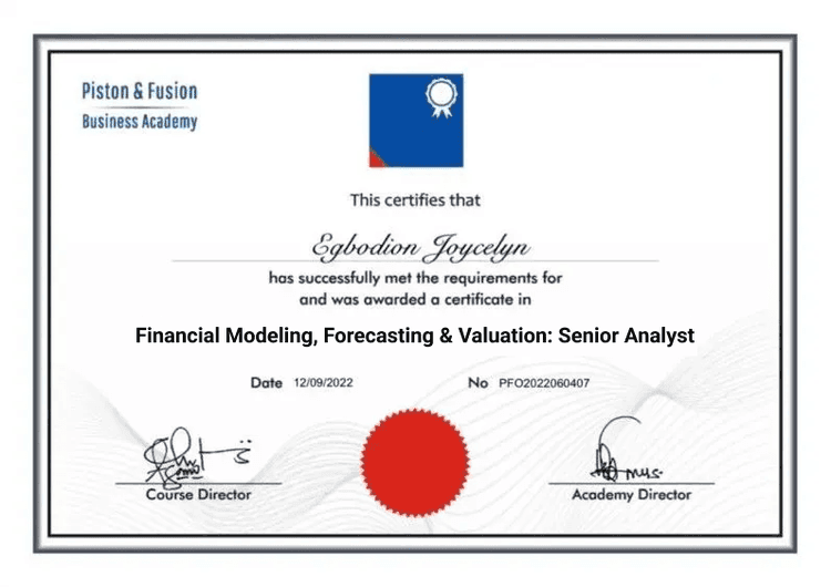 An Example of the Financial Modeling, Forecasting & Valuation  Certificate