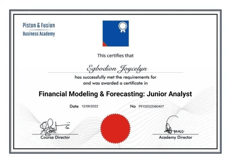 A Sample of the Financial Modeling & Forecasting: Junior Analyst Certificate