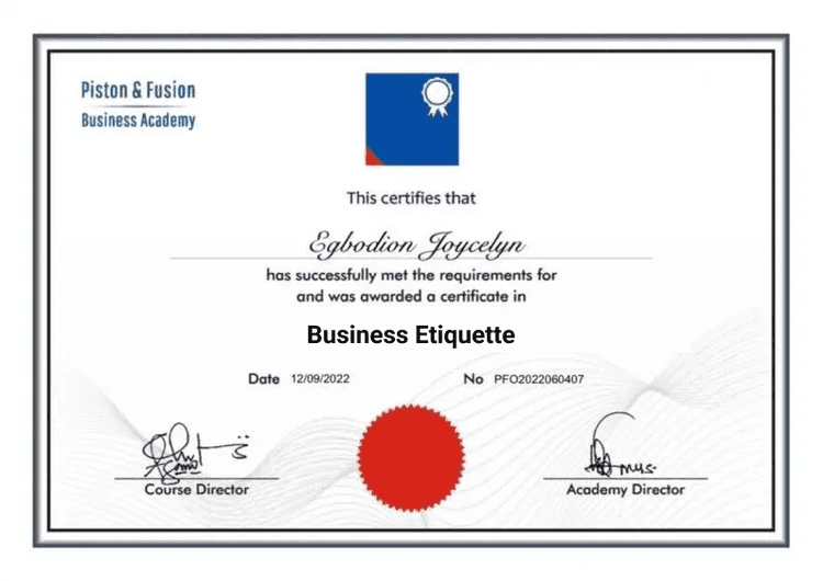 A Sample of the Business Etiquette Certificate