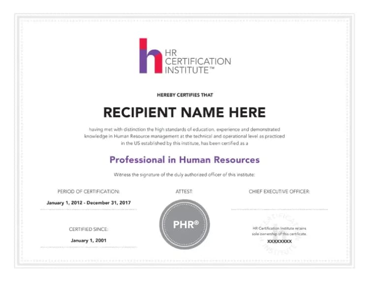 A Sample of the PHR Certificate