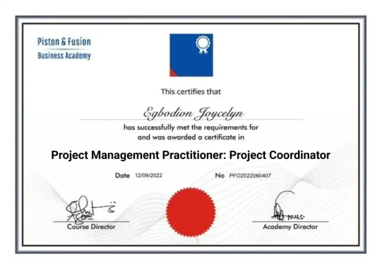 A Sample of the Project Coordinator Certificate